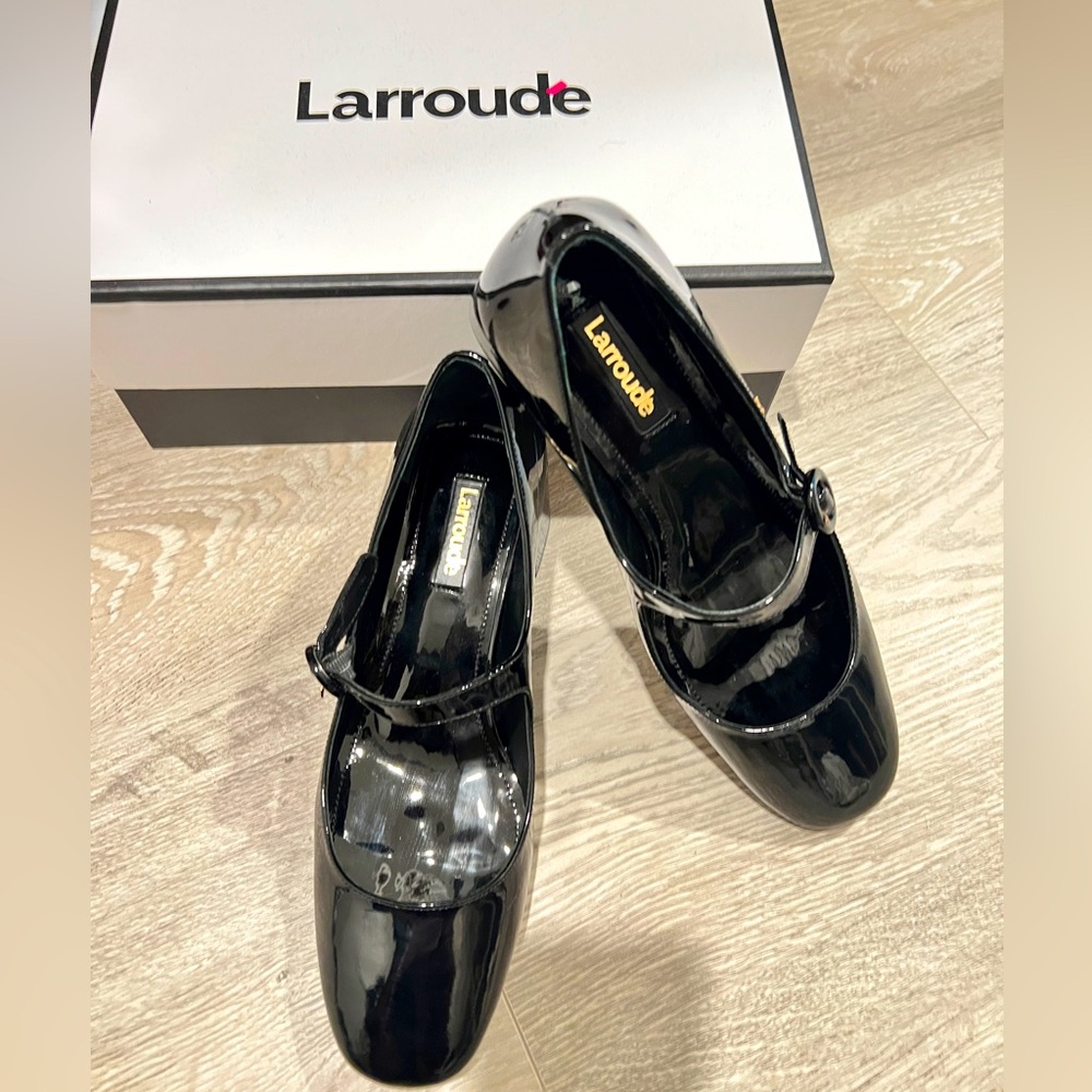 Larroude Blair Block Pump In Black Patent Mary Jane Shoes